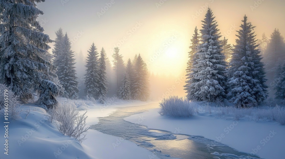 Serene snow-covered forest with tall evergreen trees, a frozen river winding through the landscape, and soft sunlight breaking through the misty morning air Serene snow-covered forest with tall evergreen trees, a frozen river winding through the landscape, and soft sunlight breaking through the misty morning air