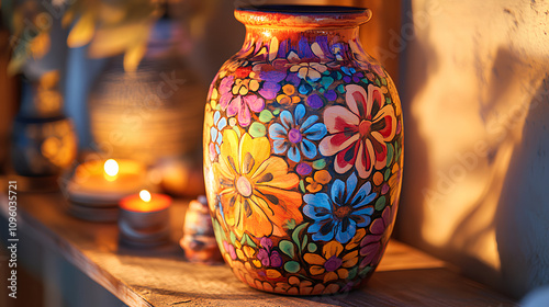 Hand-Painted Ceramic Vase with Colorful Floral Designs on Wooden Shelf in Warm Lighting