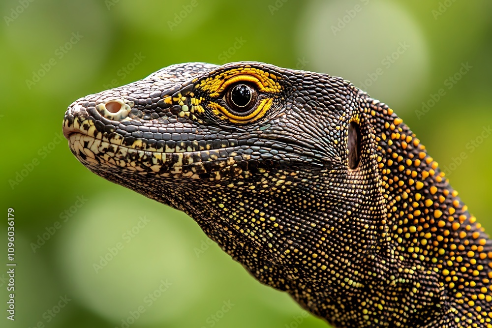 Fototapeta premium Close-up of a textured lizard with vibrant patterns against a blurred background.