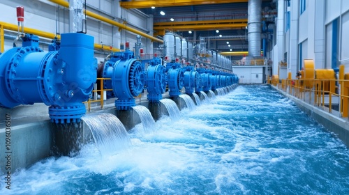 Industrial Water Treatment Plant: Rows of powerful blue pumps rhythmically cascade water, showcasing the efficient and robust nature of modern water purification technology.