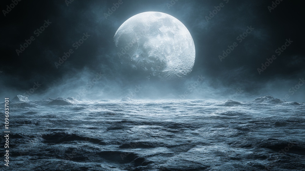 A large moon is in the sky above a vast, empty ocean A large moon is in the sky above a vast, empty ocean