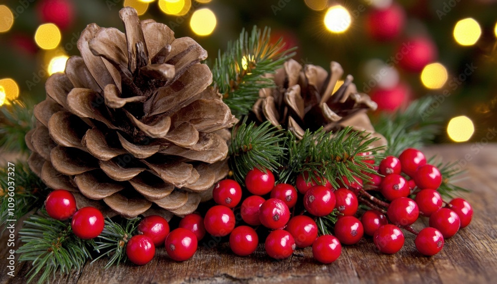 Rustic Christmas Decorations with Pine Cones, Red Berries, and Evergreen Branches Against a Bokeh Background of Warm Holiday Lights for a Cozy Festive Atmosphere Rustic Christmas Decorations with Pine Cones, Red Berries, and Evergreen Branches Against a Bokeh Background of Warm Holiday Lights for a Cozy Festive Atmosphere