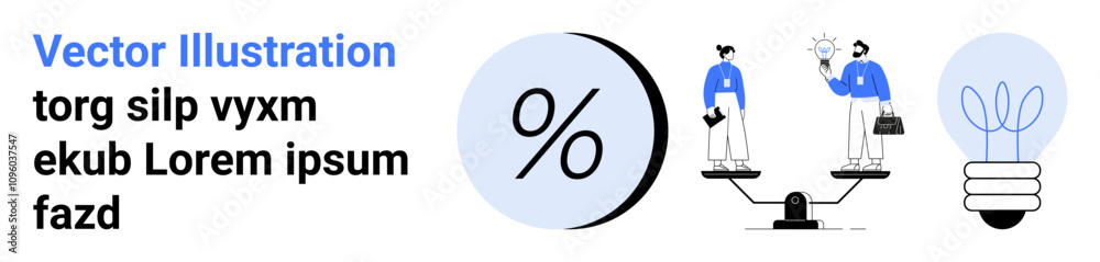 Men in blue shirts share ideas light bulb percentage symbol balancing scale business concepts. Ideal for presentations, infographics, marketing, education, financial reports, startup pitches, landing Men in blue shirts share ideas light bulb percentage symbol balancing scale business concepts. Ideal for presentations, infographics, marketing, education, financial reports, startup pitches, landing