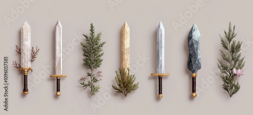 Collection of decorative swords with nature-inspired elements photo