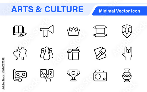 Arts and Culture Icon Set. High-quality icons for Museums, Music, Dance, Theater, Festivals, artistic Expression, Traditions, History, Crafts, and Creative Activities