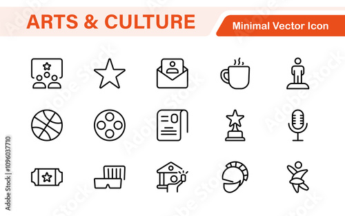 Arts and Culture Icon Set. High-quality icons for Museums, Music, Dance, Theater, Festivals, artistic Expression, Traditions, History, Crafts, and Creative Activities