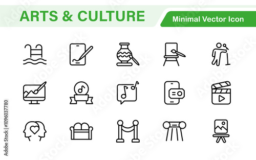 Arts and Culture Icon Set. High-quality icons for Museums, Music, Dance, Theater, Festivals, artistic Expression, Traditions, History, Crafts, and Creative Activities
