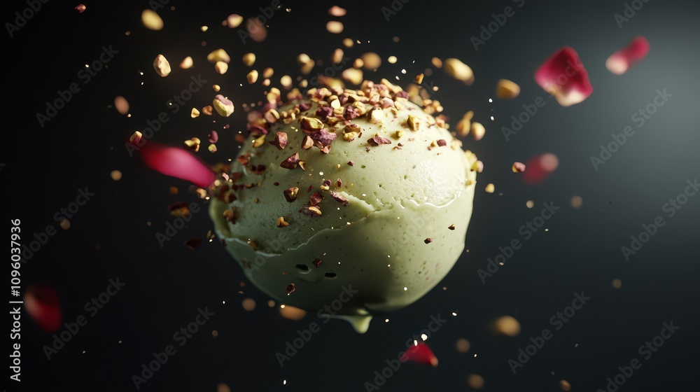 Fototapeta premium Suspended Pistachio Rosewater Gelato: A Delicate Dessert Presentation in Pale Green, Floating Elegantly with a Soft Focus in Gourmet Food Photography.