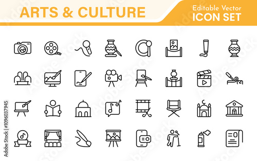 Arts and Culture Icon Set. High-quality icons for Museums, Music, Dance, Theater, Festivals, artistic Expression, Traditions, History, Crafts, and Creative Activities