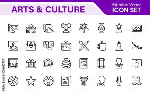 Arts and Culture Icon Set. High-quality icons for Museums, Music, Dance, Theater, Festivals, artistic Expression, Traditions, History, Crafts, and Creative Activities