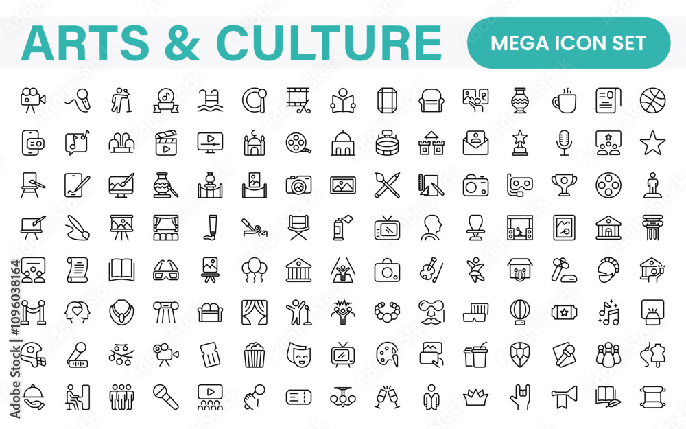 Arts and Culture Icon Set. High-quality icons for Museums, Music, Dance, Theater, Festivals, artistic Expression, Traditions, History, Crafts, and Creative Activities Arts and Culture Icon Set. High-quality icons for Museums, Music, Dance, Theater, Festivals, artistic Expression, Traditions, History, Crafts, and Creative Activities