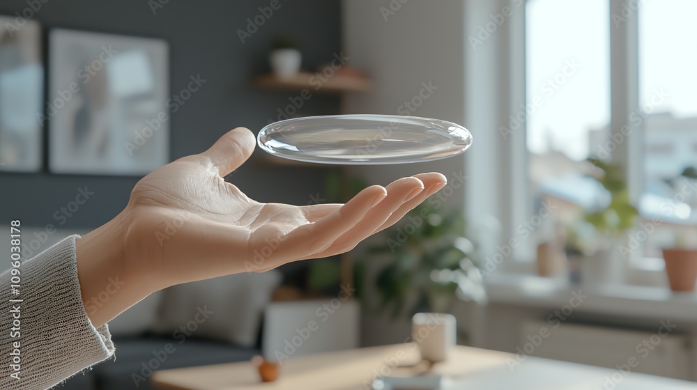 Hand holding futuristic glass device indoors. Hand holding futuristic glass device indoors.