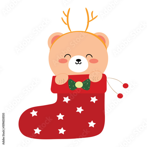 Hand drawn cartoon bear in nature christmas stocking. cute collection images for christmas stickers, icons