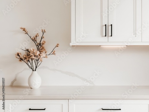 A white kitchen counter with a vase of flowers. photo