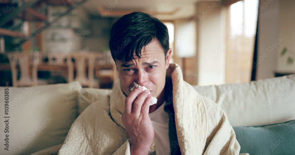 Man, sick and stress in home with tissues, Covid 19 symptoms and flu season on sofa. Person, blanket and thinking in living room with virus, spring allergies and self care with medical condition Man, sick and stress in home with tissues, Covid 19 symptoms and flu season on sofa. Person, blanket and thinking in living room with virus, spring allergies and self care with medical condition