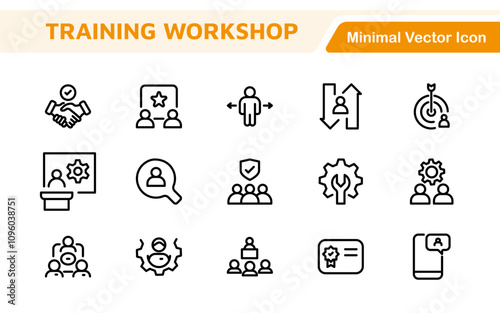 Set of Workshop and Coaching line icons. Outline icon collection related to training, coaching, mentoring, education, meetings, conferences, and teamwork.