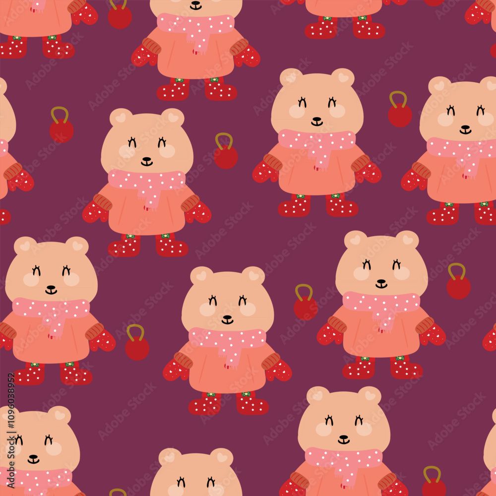 Fototapeta premium Seamless pattern cartoon bear, cute christmas and winter wallpaper for fabric print, gift wrap paper