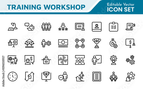 Set of Workshop and Coaching line icons. Outline icon collection related to training, coaching, mentoring, education, meetings, conferences, and teamwork.