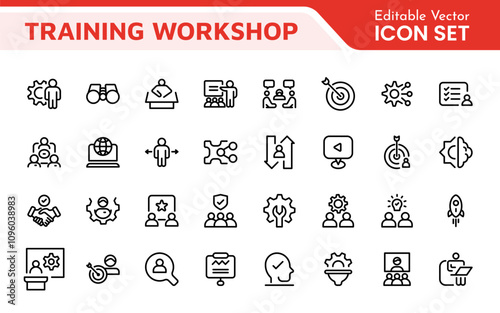 Set of Workshop and Coaching line icons. Outline icon collection related to training, coaching, mentoring, education, meetings, conferences, and teamwork.