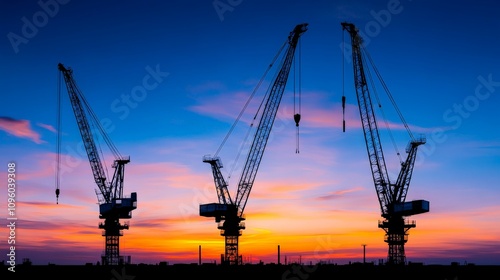 Construction Cranes Silhouettes at Sunset: Three construction cranes stand tall against a vibrant sunset, their silhouettes stark against the fiery sky.