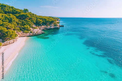 A serene beach scene with clear turquoise waters, gentle waves, and lush greenery along the coastline under a bright blue sky.