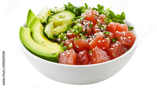 Vibrant Bowl of Fresh Poke with Avocado, Cucumber, and Tuna Garnished with Sesame Seeds