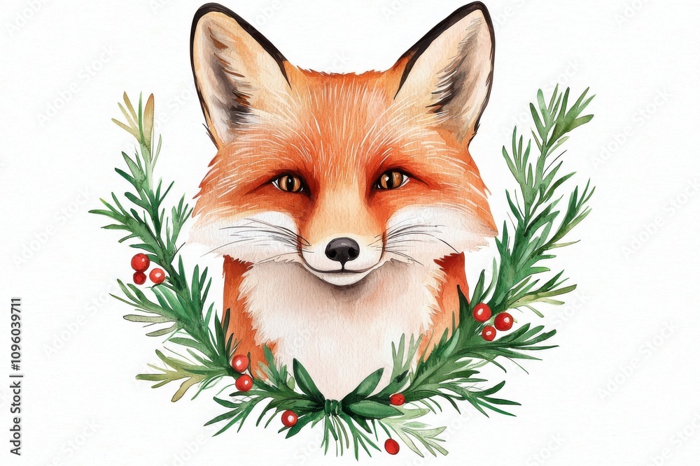 Obraz premium A charming illustration of a fox's face adorned with festive greenery and berries, perfect for holiday themes and nature-inspired art.