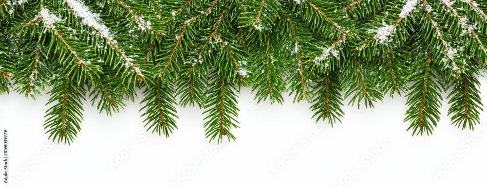 Fresh Green Pine Branches with Light Snow on a White Background Creating a Winter Wonderland Aesthetic for Seasonal Holiday Decor and Nature Themes
