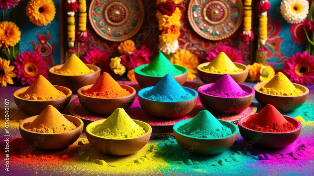 Fototapeta premium A colorful display of powders in bowls, with a variety of colors and sizes