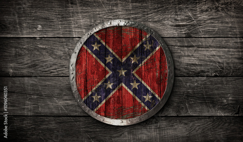 Photos Medieval round wooden shield with silver hand forged brim and red and blue rebel