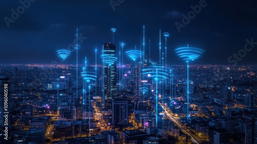 Illuminated Urban Landscape Showcasing 5G Network Connectivity in a Modern City