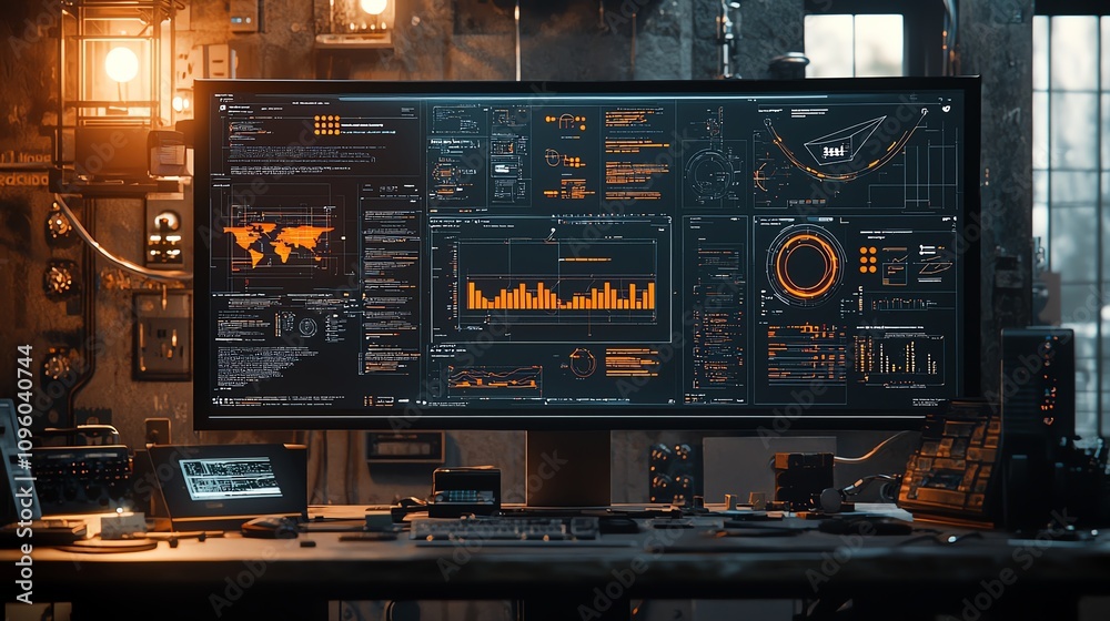 Obraz premium Futuristic workspace with data analytics display.