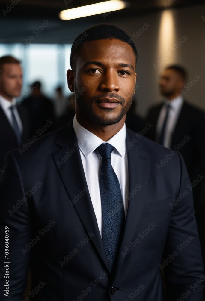 Professional man, dark blue suit, white shirt, navy tie, serious expression, office setting, shallow depth of field, soft lighting, corporate environment, confidence, determination, leadership, blurre Professional man, dark blue suit, white shirt, navy tie, serious expression, office setting, shallow depth of field, soft lighting, corporate environment, confidence, determination, leadership, blurre