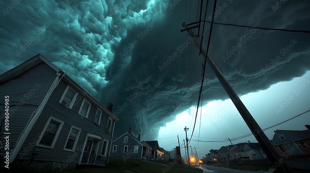 Fototapeta premium Dramatic Storm Clouds Over Suburban Houses with Dark Sky and Lightning, Capturing the Power of Nature and the Threatening Atmosphere of Approaching Severe Weather