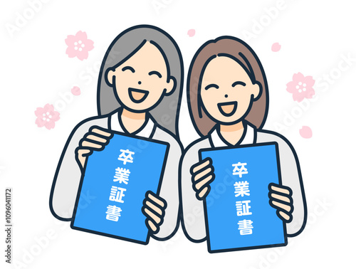 卒業式のベクターイラスト素材。卒業証書を手にした笑顔の女子高生。