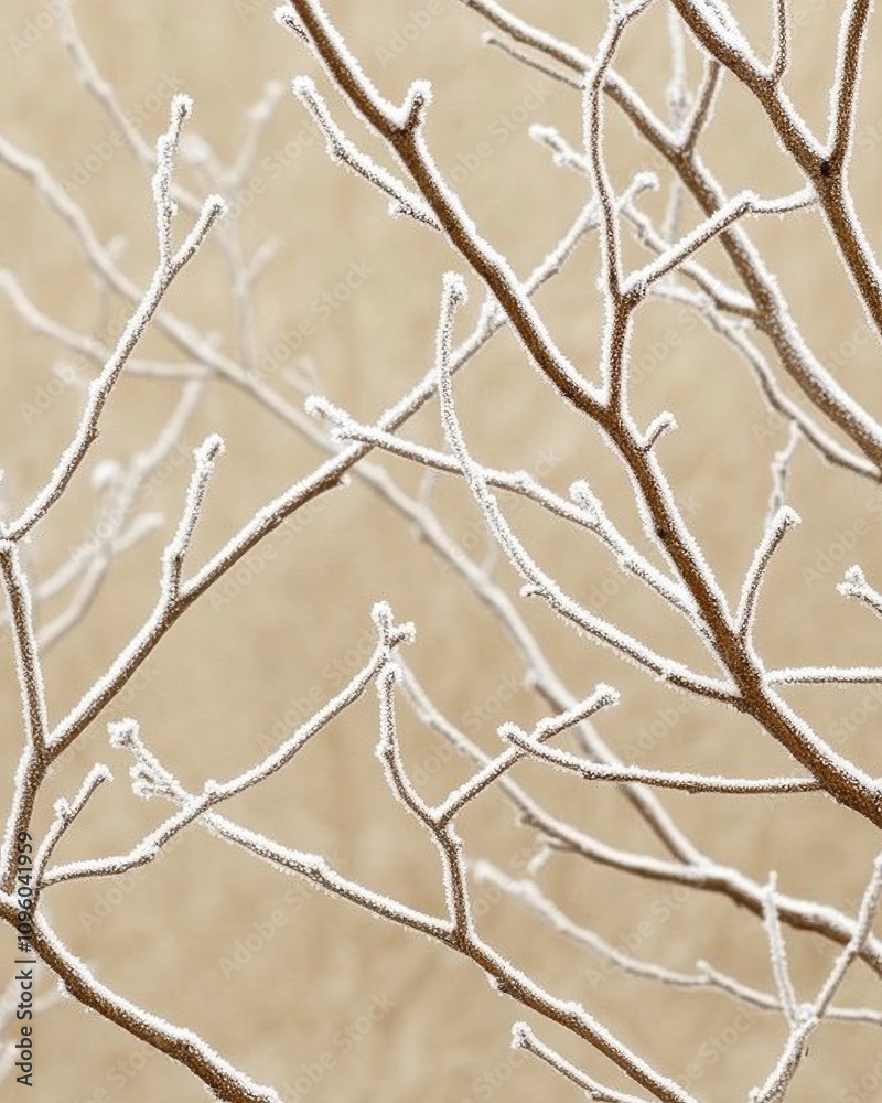 Frost-covered branches against a muted background. Frost-covered branches against a muted background.