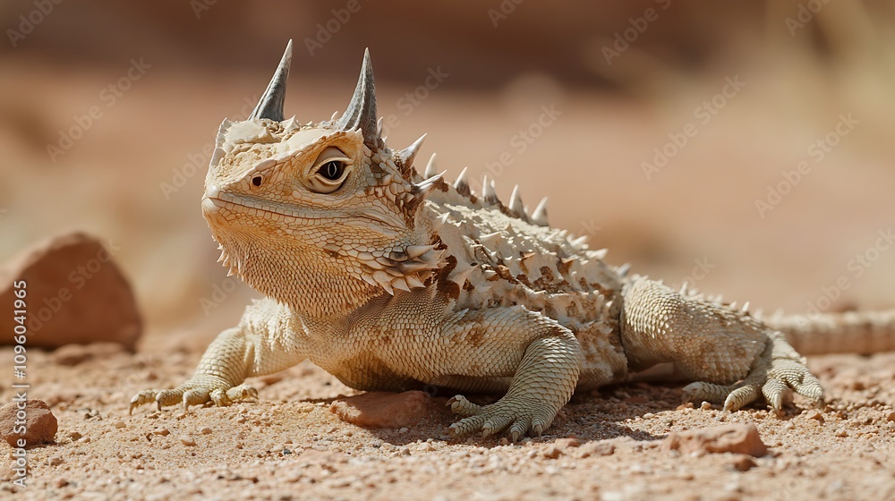 Fototapeta premium A close-up of a spiky lizard resting on the ground in a natural habitat.