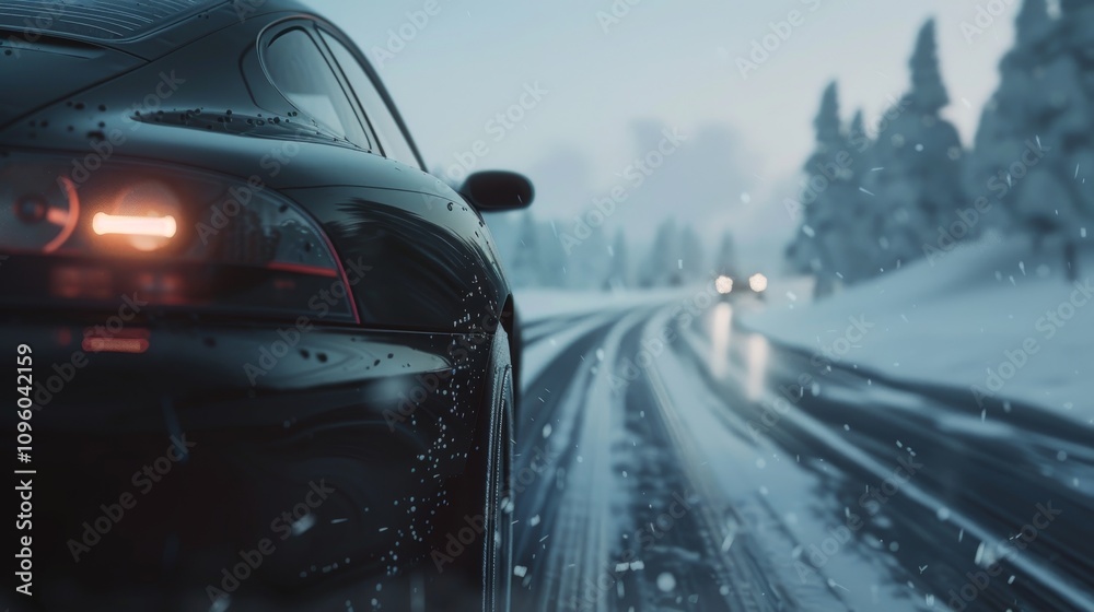 Fototapeta premium A black car is driving down a snowy road thought winter forest.