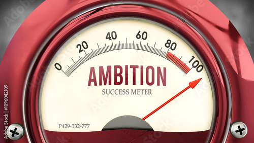 Ambition and Success Meter that is hitting a full scale, showing a very high level of ambition, overload of it, too much of it. Maximum value, off the charts.  ,3d illustration photo