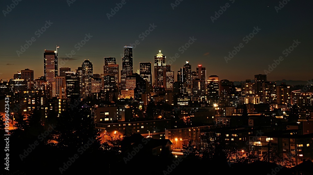 Fototapeta premium A city skyline at dusk, with glowing lights and tall buildings.