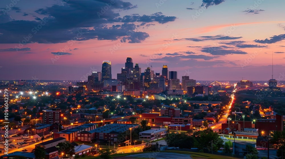 Fototapeta premium A city skyline at dusk, with glowing lights and tall buildings.