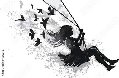 Silhouette of Girl Swinging Joyfully with Birds in Flight