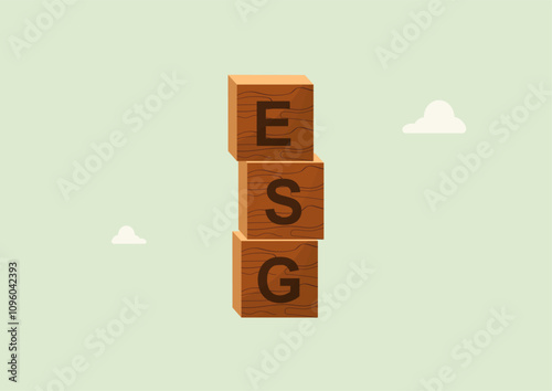 ESG Wooden Blocks Environmental Business Concept Illustration. wooden blocks spelling ESG against mint background, representing environmental and social governance principles. Vector illustration