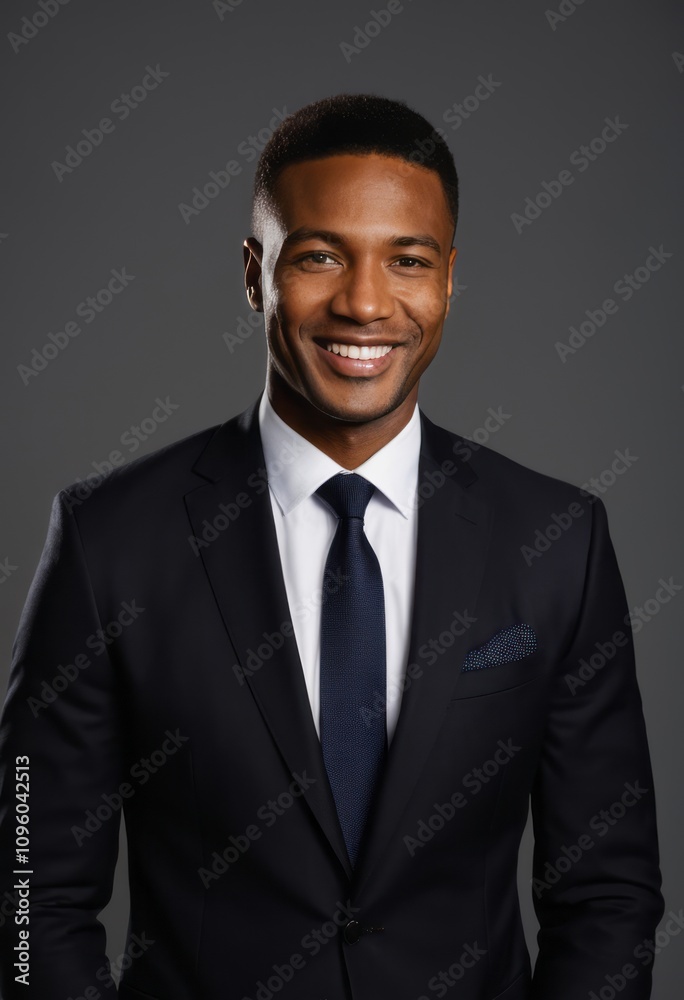 Professional headshot, young African American man, charcoal gray suit, navy blue tie, white shirt, broad smile, perfect teeth, well-groomed, studio lighting, dark background, confident pose, corporate Professional headshot, young African American man, charcoal gray suit, navy blue tie, white shirt, broad smile, perfect teeth, well-groomed, studio lighting, dark background, confident pose, corporate