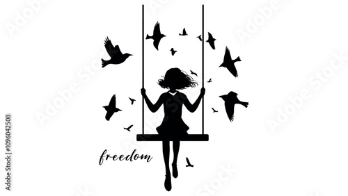 Silhouette of Girl Swinging Joyfully with Birds in Flight