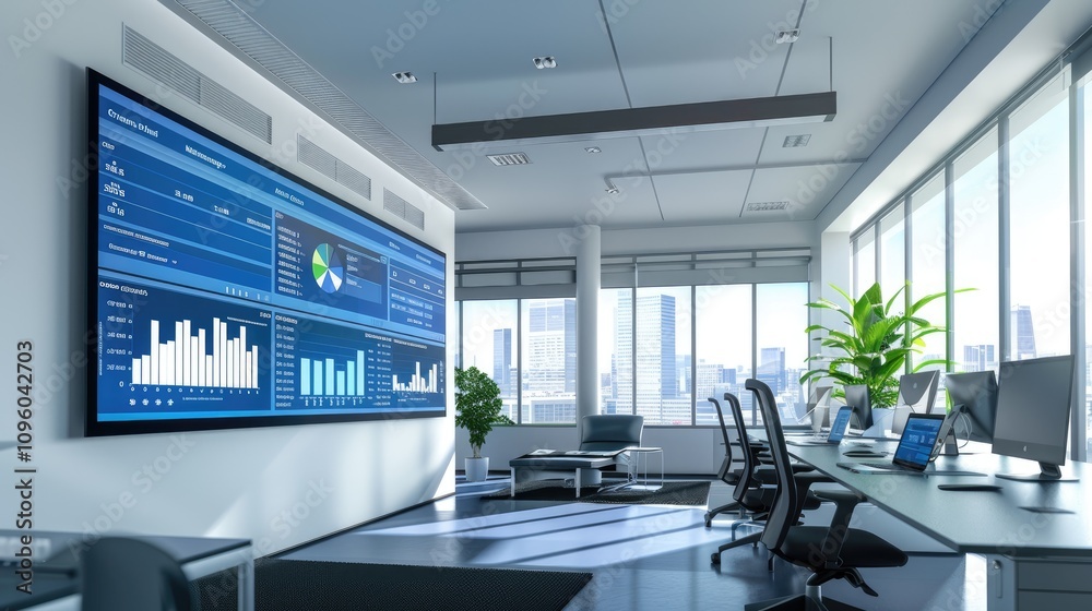 A modern office with a large digital screen showing the combined financial reports of the merged companies 32k