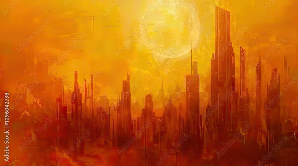 The silhouette of a skyline against a bright orange sunset. The silhouette of a skyline against a bright orange sunset.
