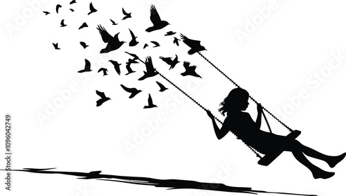 Silhouette of Girl Swinging Joyfully with Birds in Flight