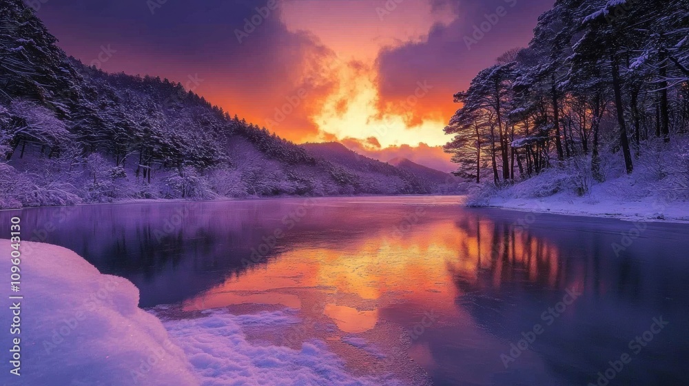 Dramatic winter sunset with fiery orange and deep purple hues, reflecting on a frozen lake, Winterscene Dramatic winter sunset with fiery orange and deep purple hues, reflecting on a frozen lake, Winterscene