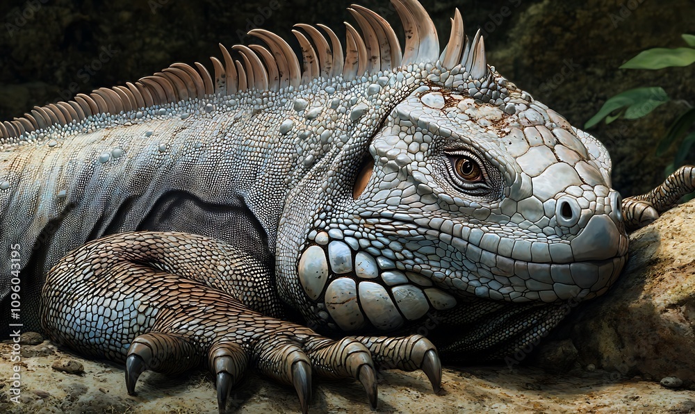 Obraz premium A close-up of a textured iguana resting on a rock, showcasing its scales and features.